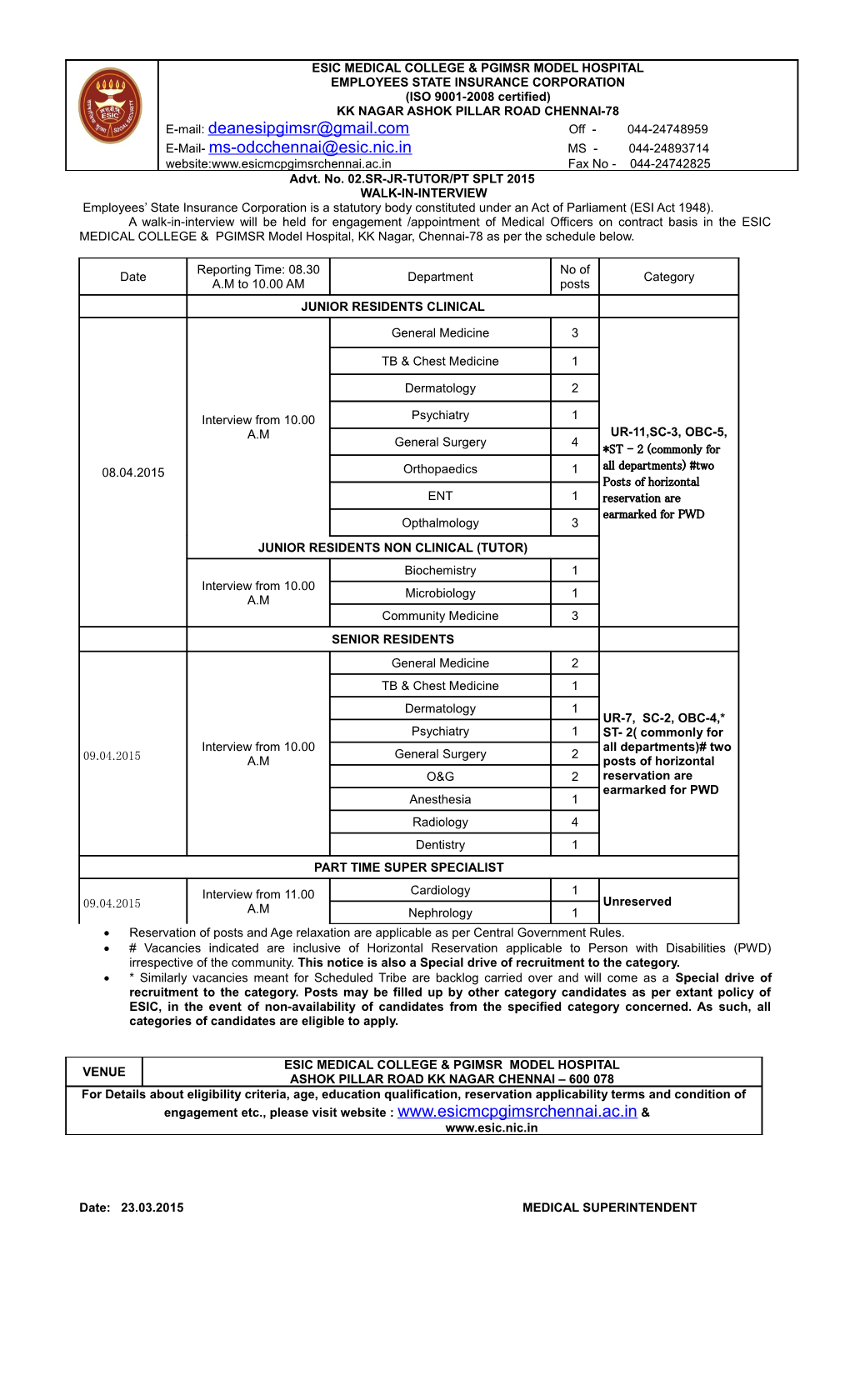 Advt. No. 02.SR-JR-TUTOR/PT SPLT 2015