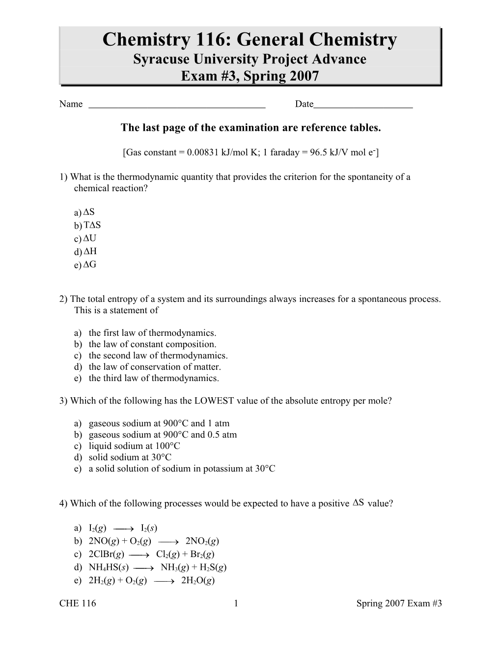 Project Advance Chemistry 106 Sample Questions