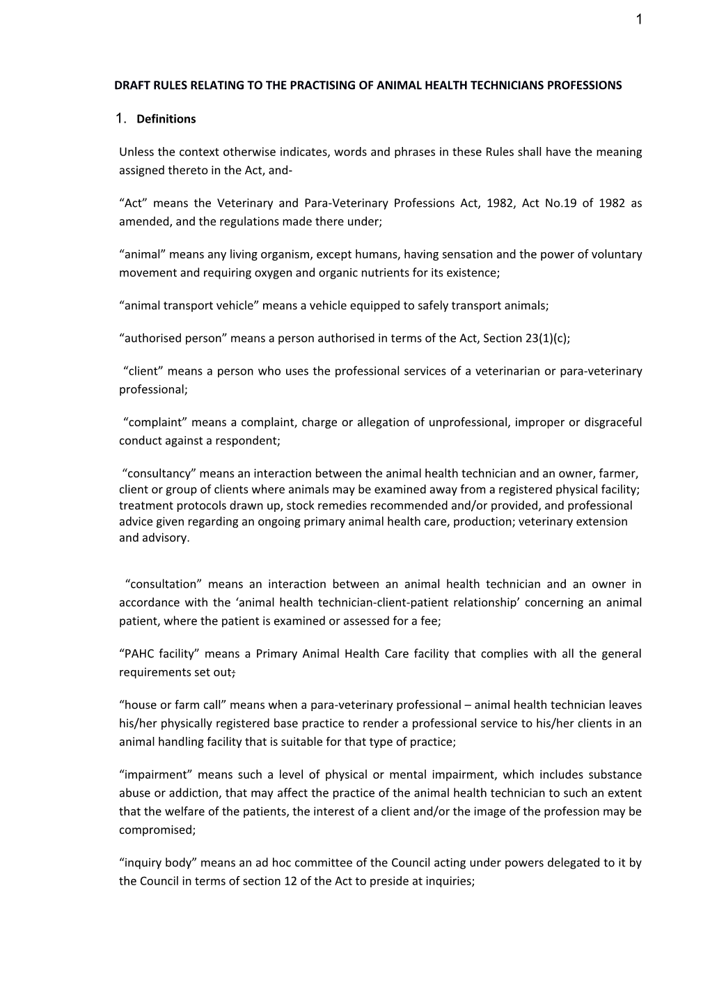 Draft Rules Relating to the Practising of Animal Health Techniciansprofessions