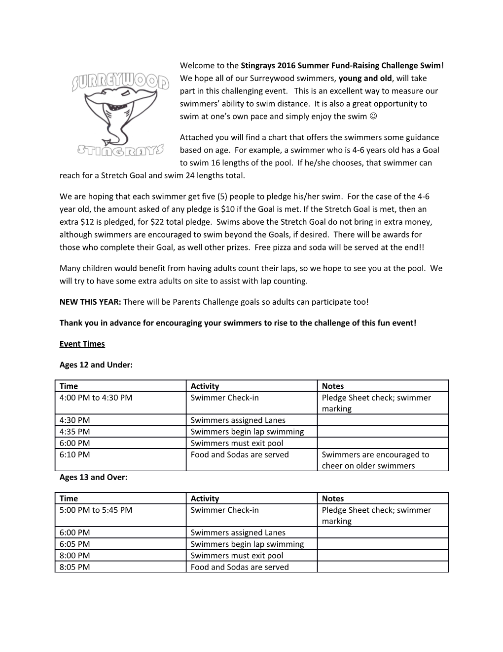 Welcome to the Stingray 2014 Swim-A-Thon Fundraiser