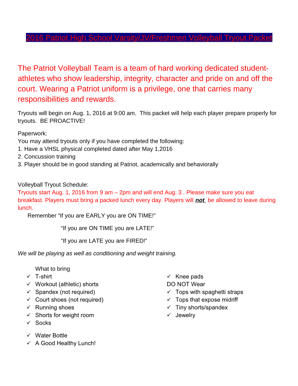 2016 Patriot High School Varsity/JV/Freshmen Volleyball Tryout Packet