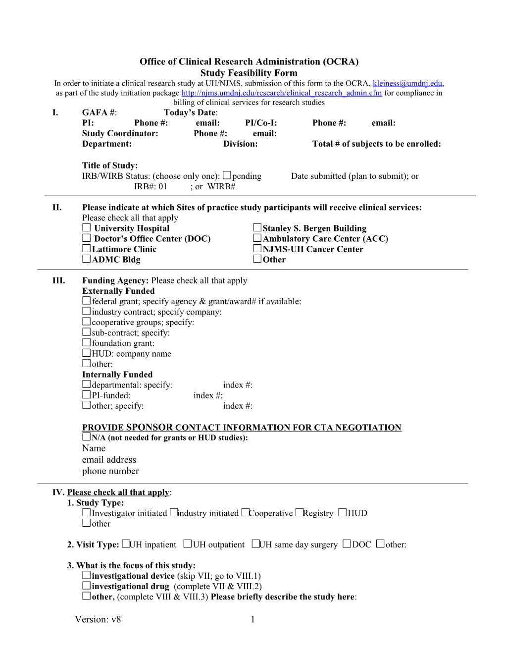 UH/NJMS Clinical Research Study Initiation Form