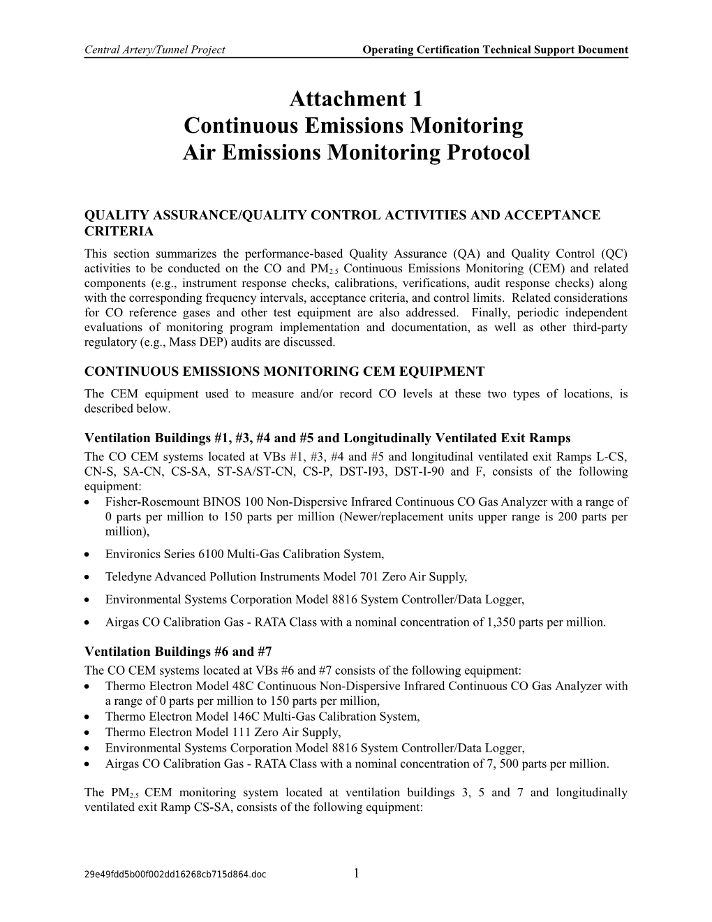 Central Artery/Tunnel Project Operating Certification Technical Support Document
