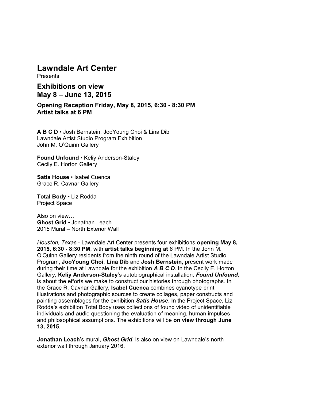 Opening Reception Friday, May 8, 2015, 6:30 - 8:30 PM