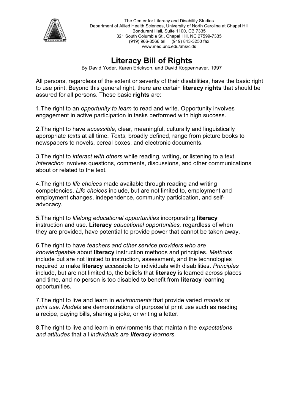 Literacy Bill of Rights