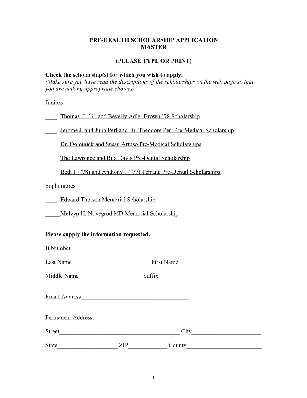 Pre-Health Scholarship Application