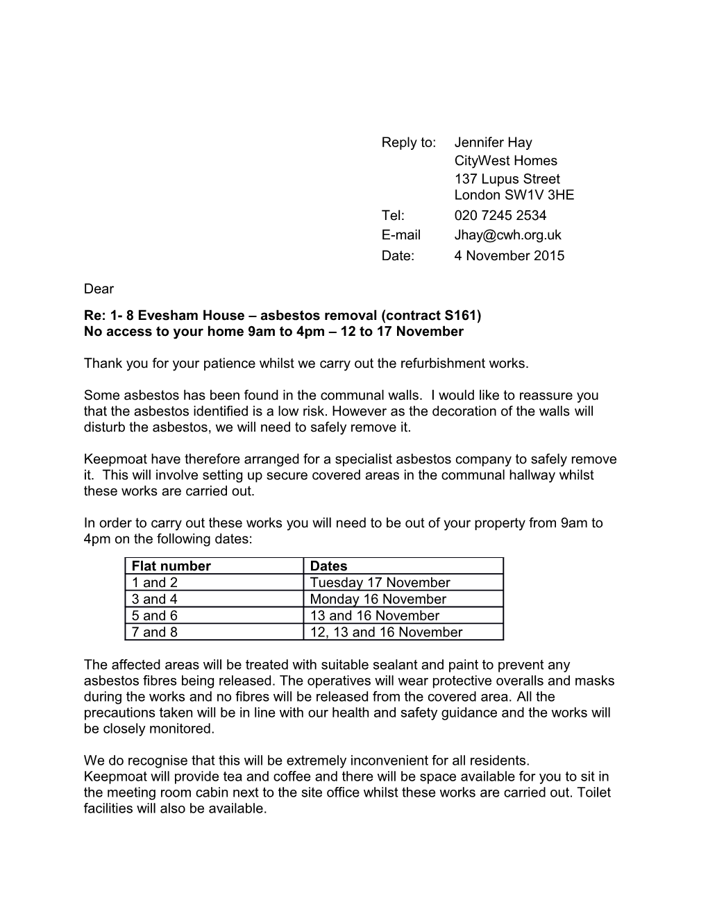 Re: 1- 8 Evesham House Asbestos Removal (Contract S161)