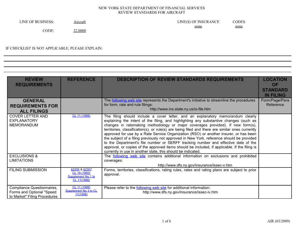 Property Checklist: Review Standards for Aircraft Filing Checklist