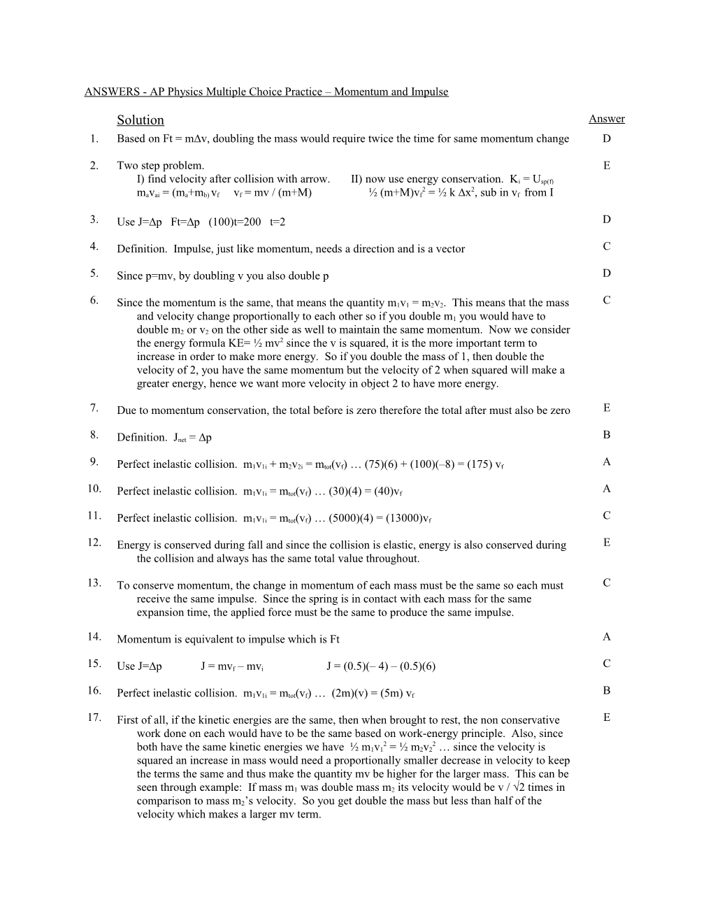 ANSWERS - AP Physics Multiple Choice Practice Torque