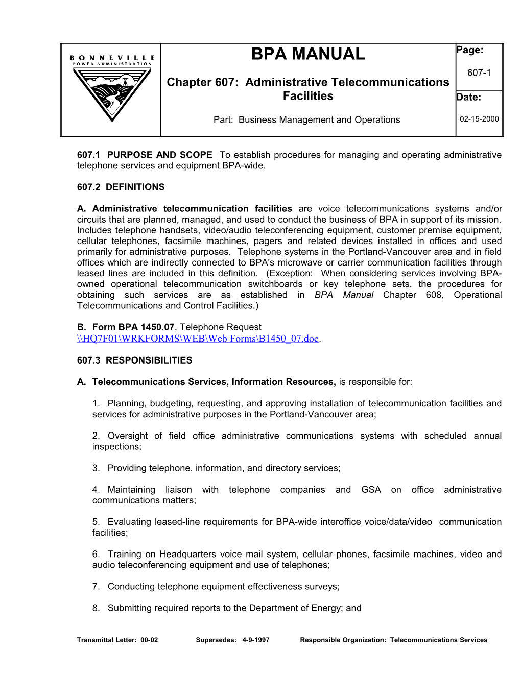 BPAM 0607 Administrative Telecommunications Facilities