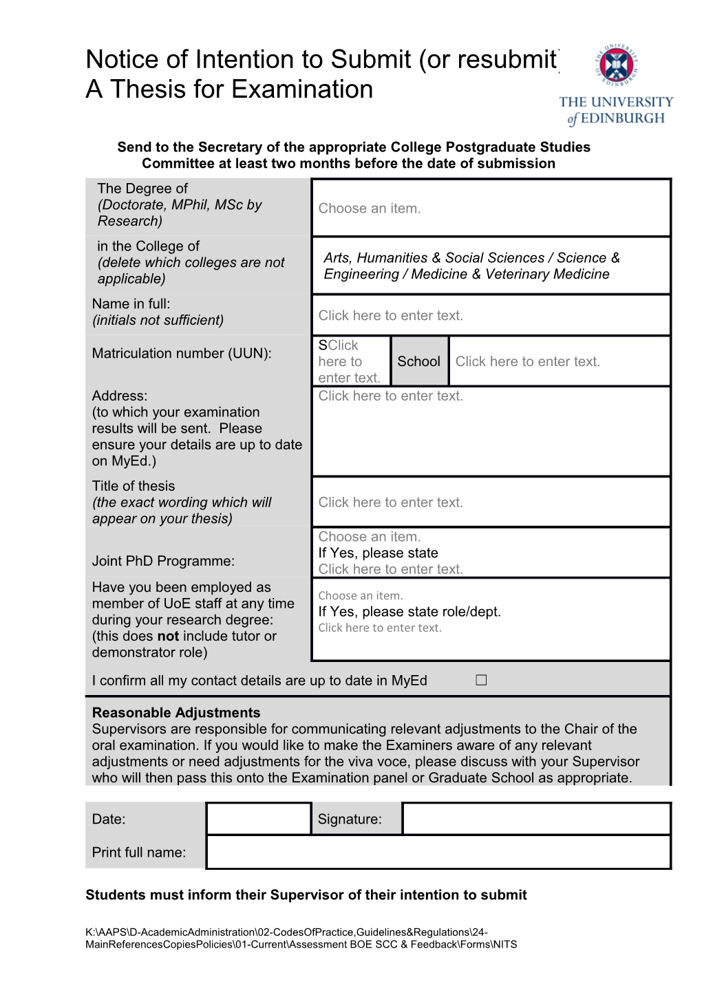 Students Must Inform Their Supervisor of Their Intention to Submit