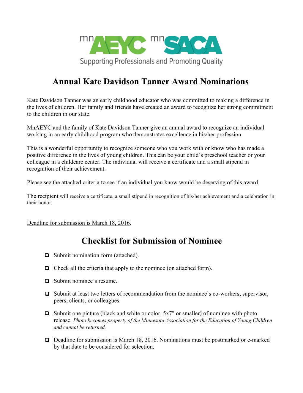 Annual Kate Tanner Award Nominations Being Accepted