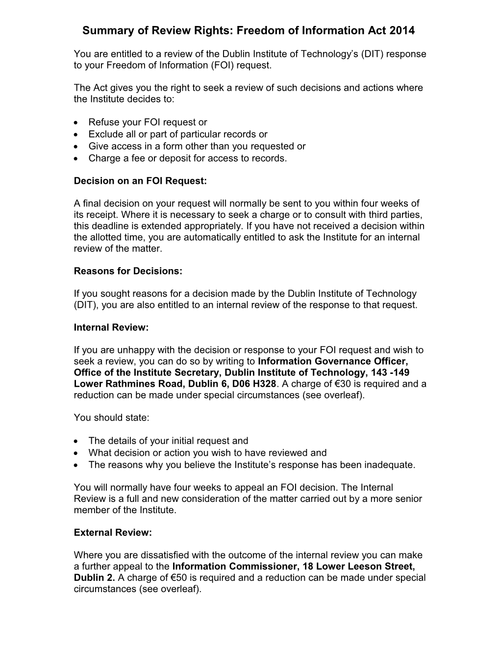 Summary of Review Rights Under the Freedom of Information Act 1997 and Freedom of Information