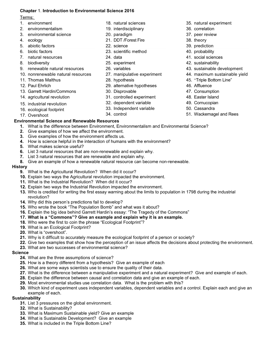 Chapter 1. Introduction to Environmental Science 2016