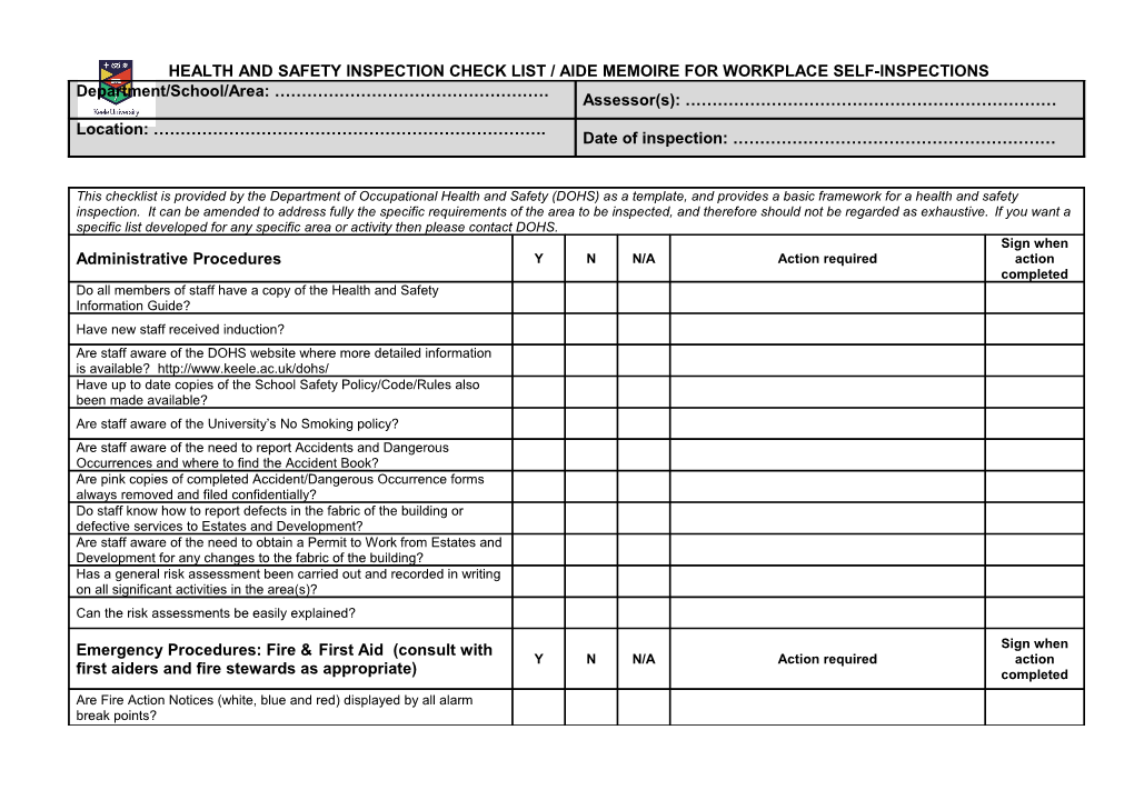 Health and Safety Inspection Check List for Inspecting Teams and Self Inspections