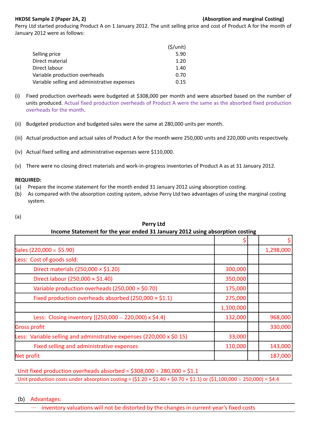 HKDSE Sample 2 (Paper 2A, 2) (Absorption and Marginal Costing)