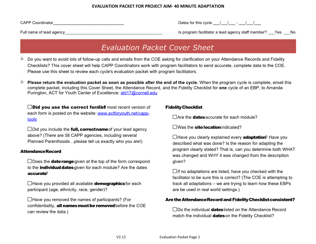 Evaluation Packet for Project Aim- 40 Minute Adaptation