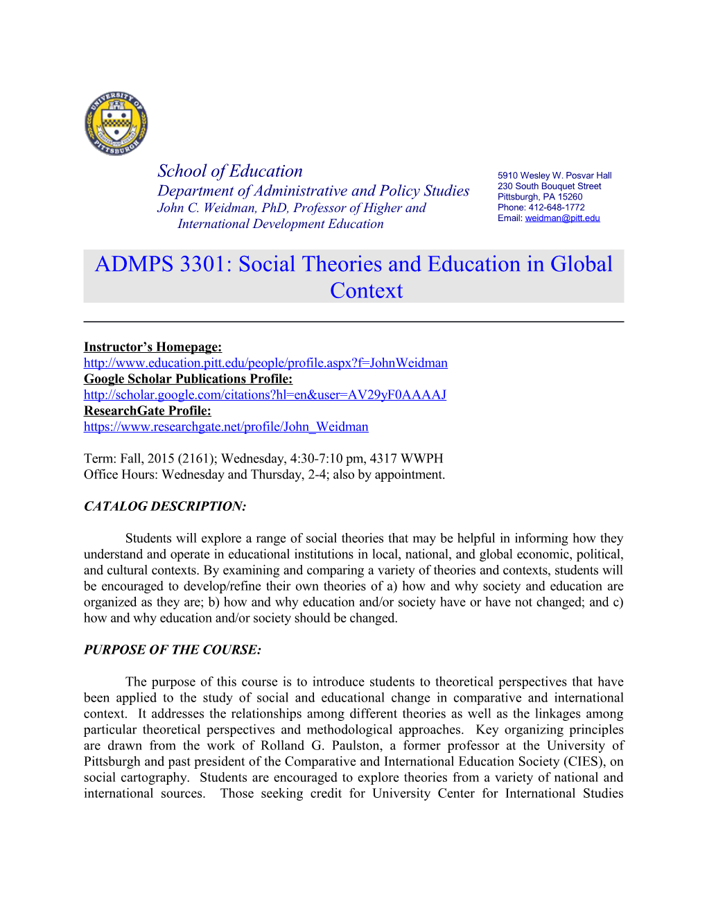 ADMPS 3301: Social Theories and Education in Global Context
