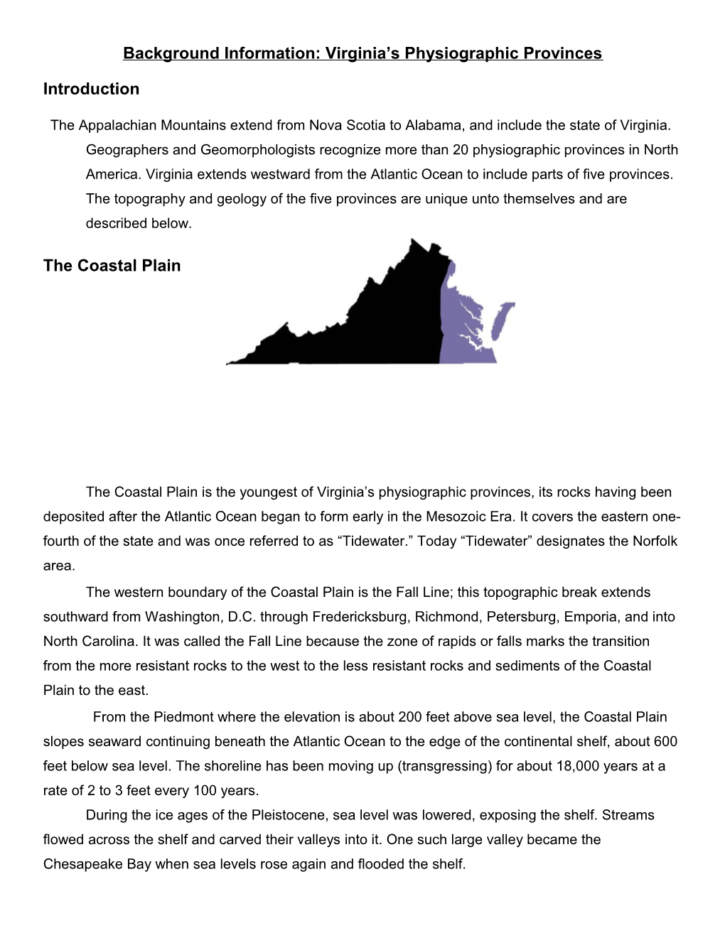 Background Information: Virginia S Physiographic Provinces