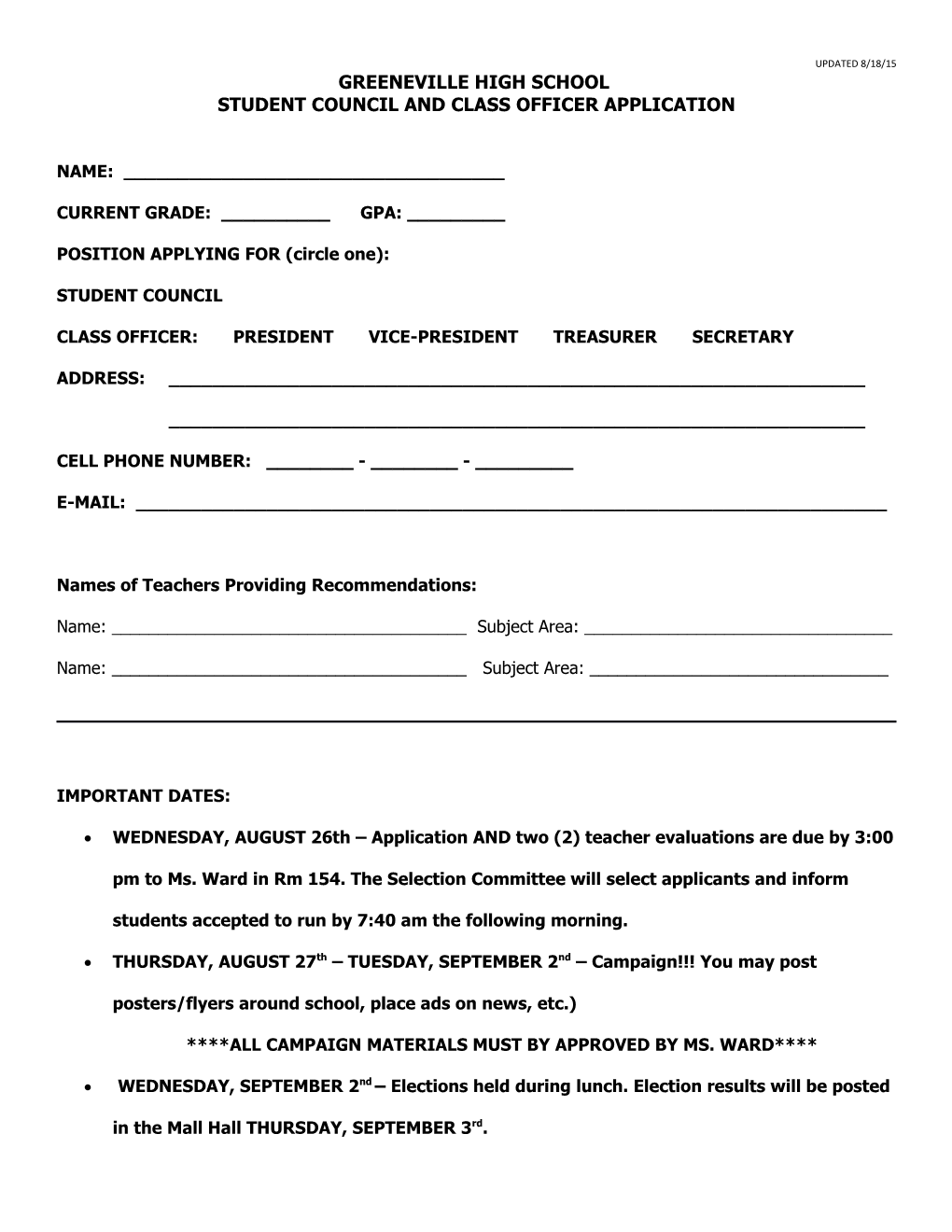 Student Council and Class Officer Application