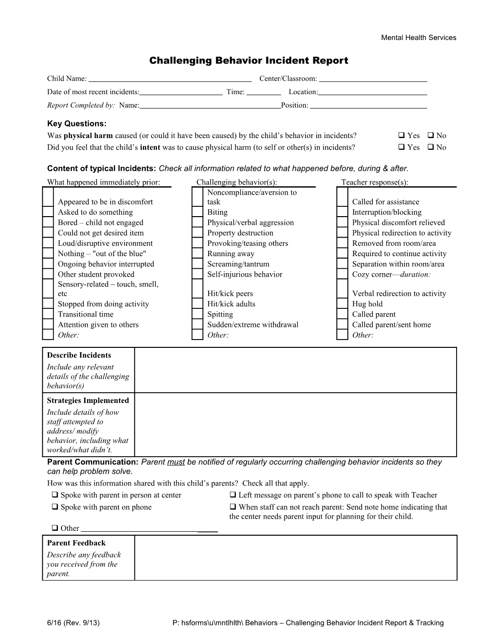 Challenging Behavior Incident Report