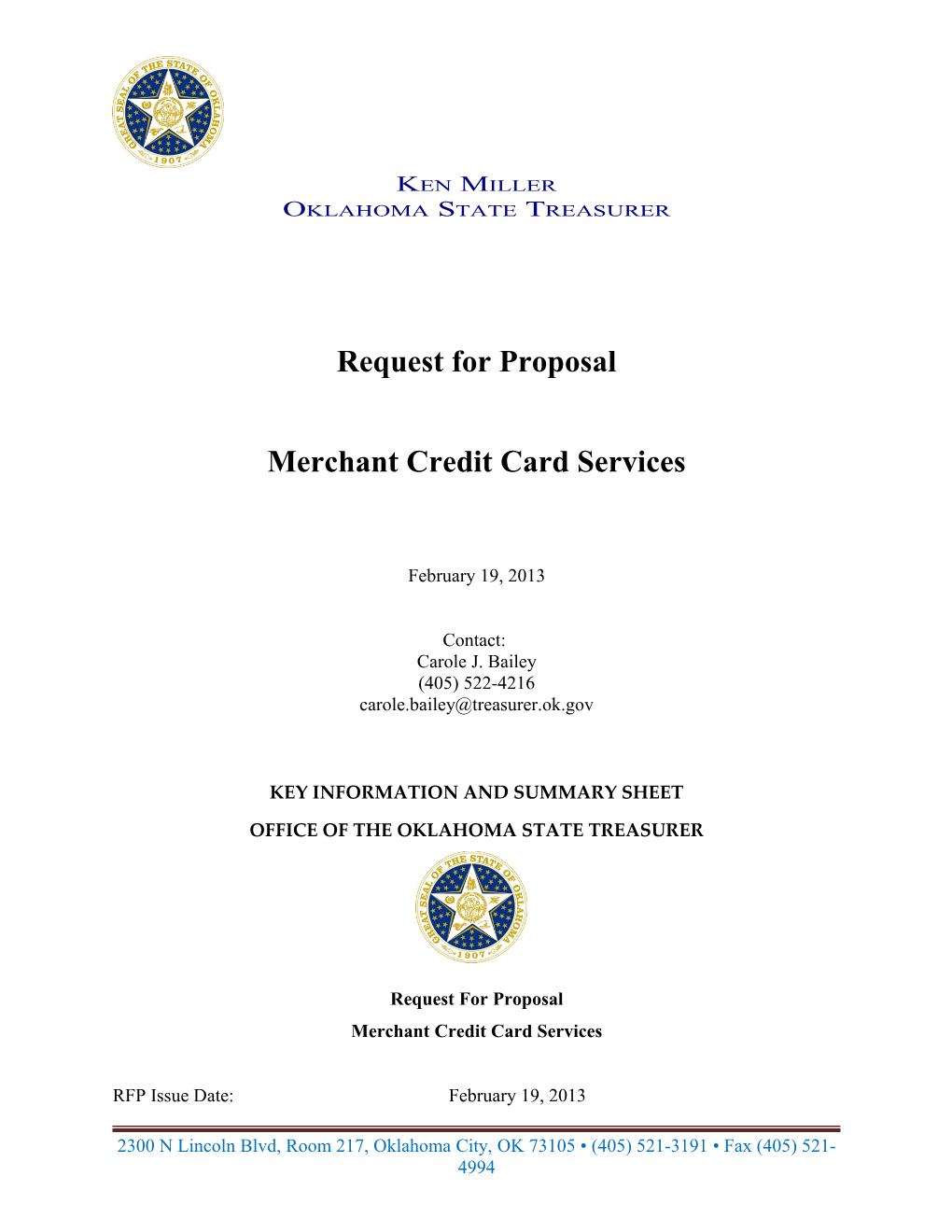 Oklahoma State Treasurer REQUEST for PROPOSAL Merchant Credit Card Services