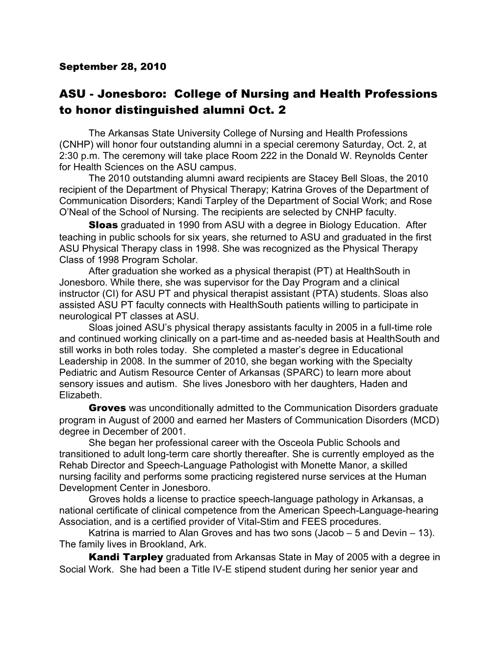 ASU - Jonesboro: College of Nursing and Health Professions to Honor Distinguished Alumni