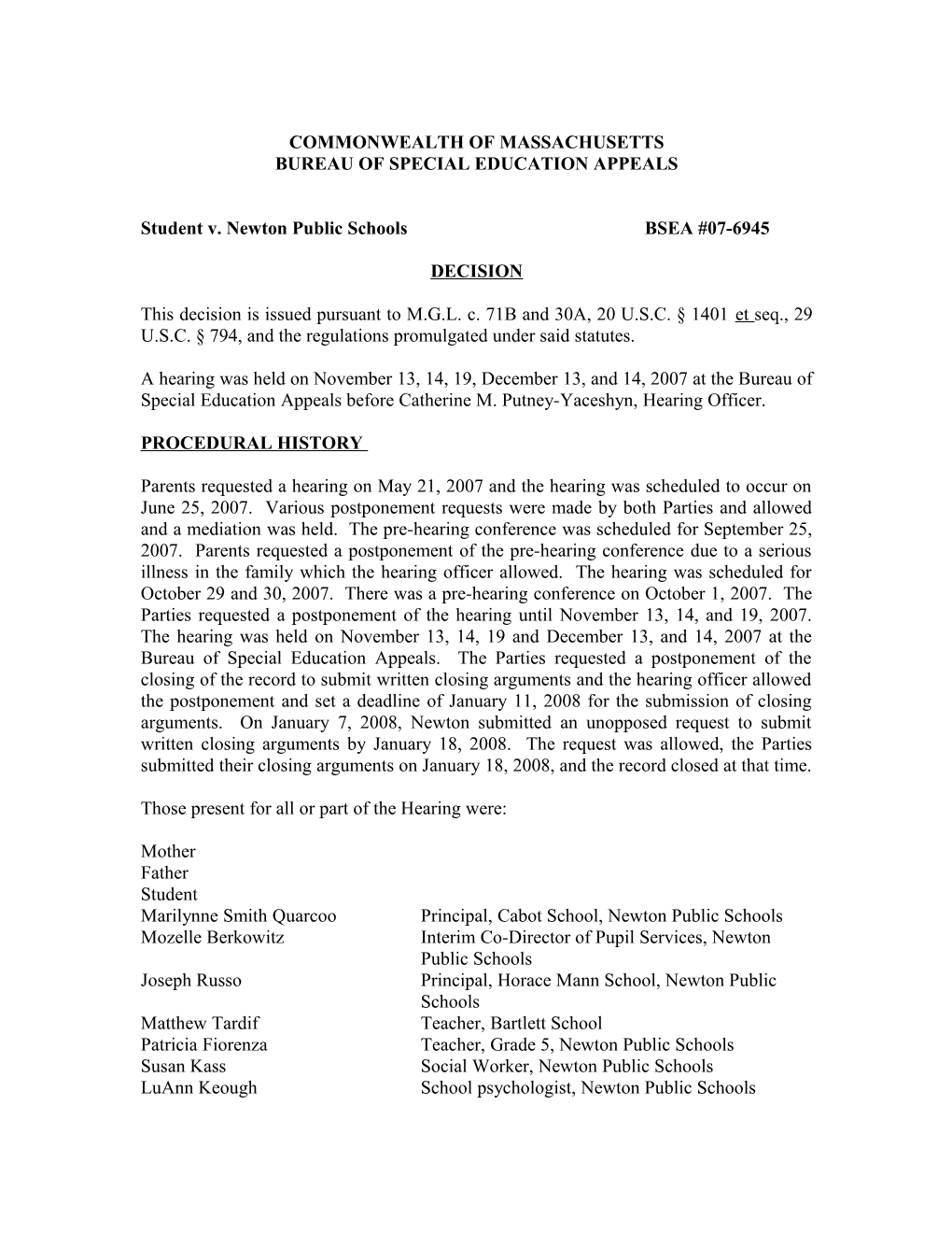 Special Education Appeals BSEA #07-6945