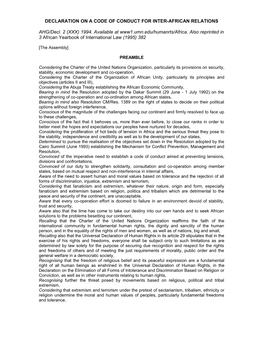 Declaration on a Code of Conduct for Inter-African Relations