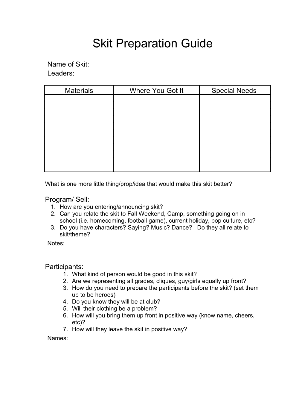 Skit Preparation Guide