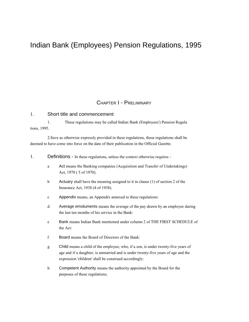 Indian Bank (Employees) Pension Regulations, 1995