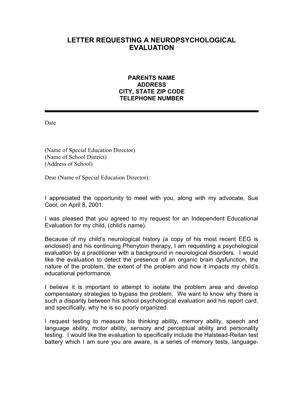 Letter Requesting an Independent Evaluation