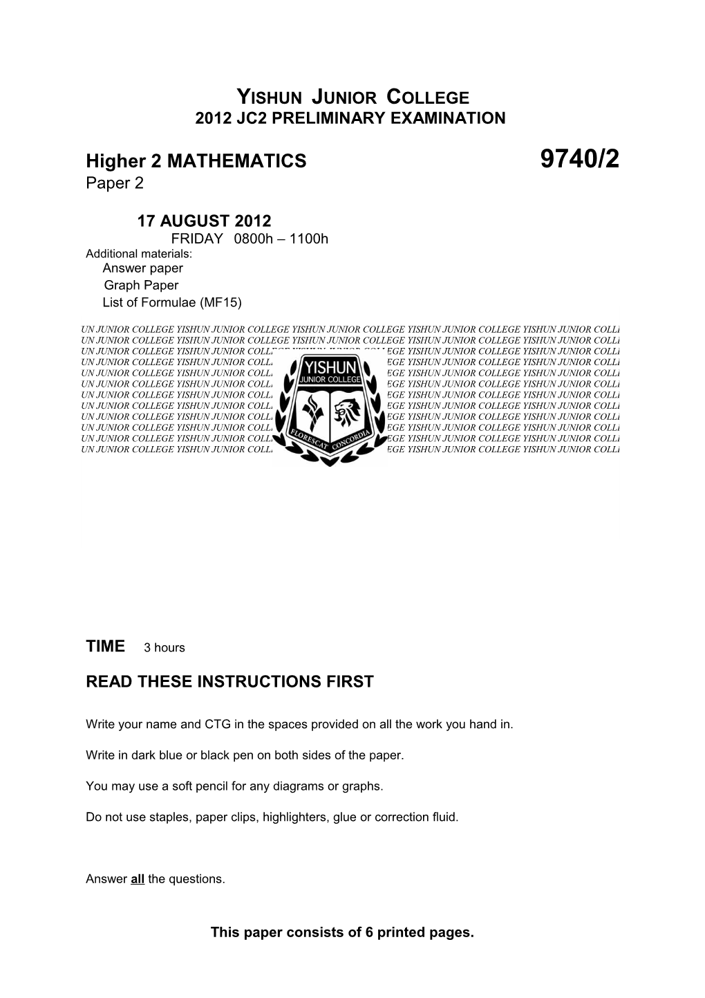 Yishun Junior College JC2 Preliminary Examination 2012 H2 Mathematics 9740/2