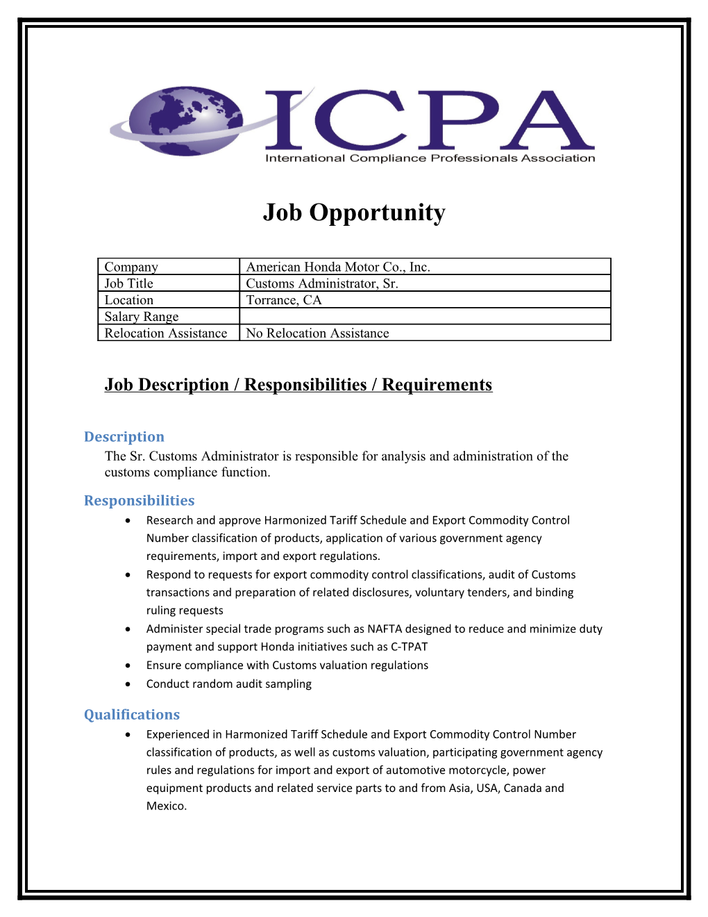 Job Description / Responsibilities / Requirements
