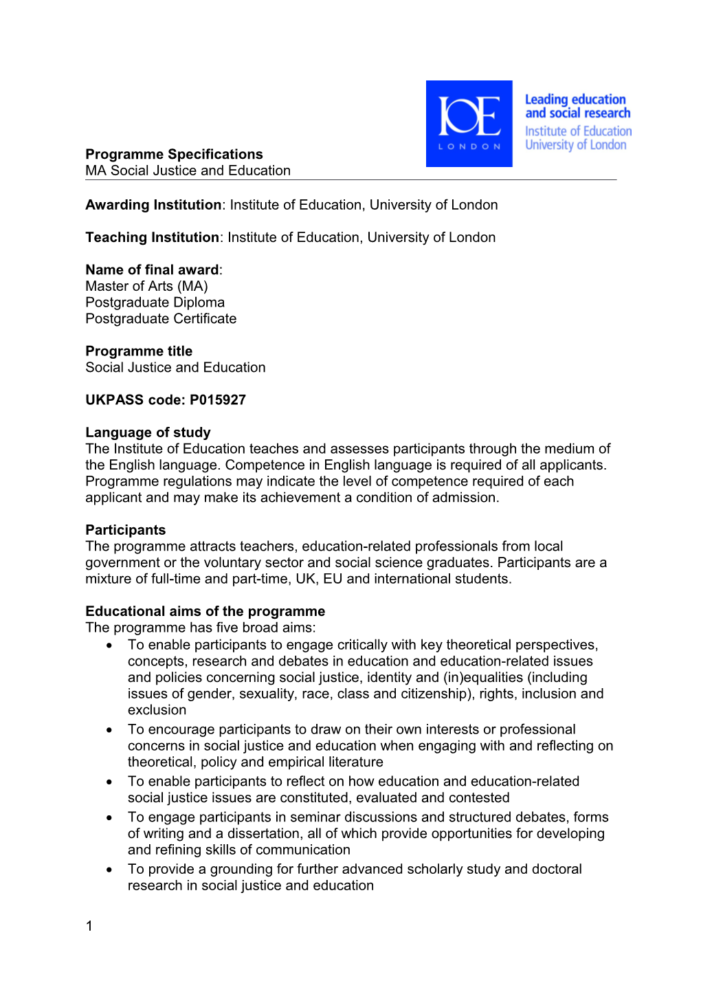 Programme Specification for the MA Geography in Education