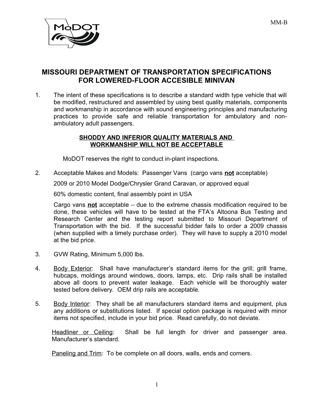 Missouri Department of Transportation Specifications