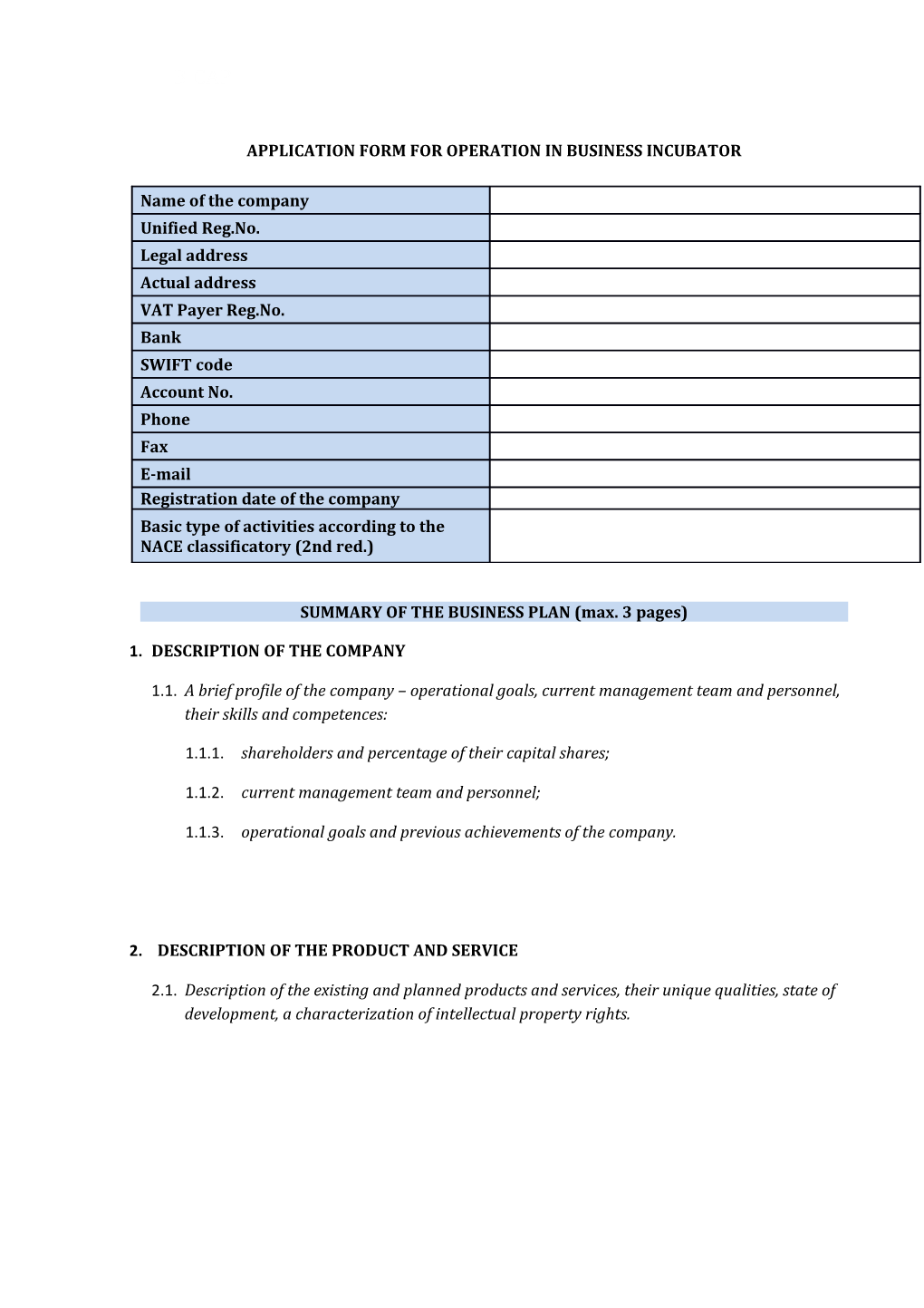 Application Form for Operation in Business Incubator