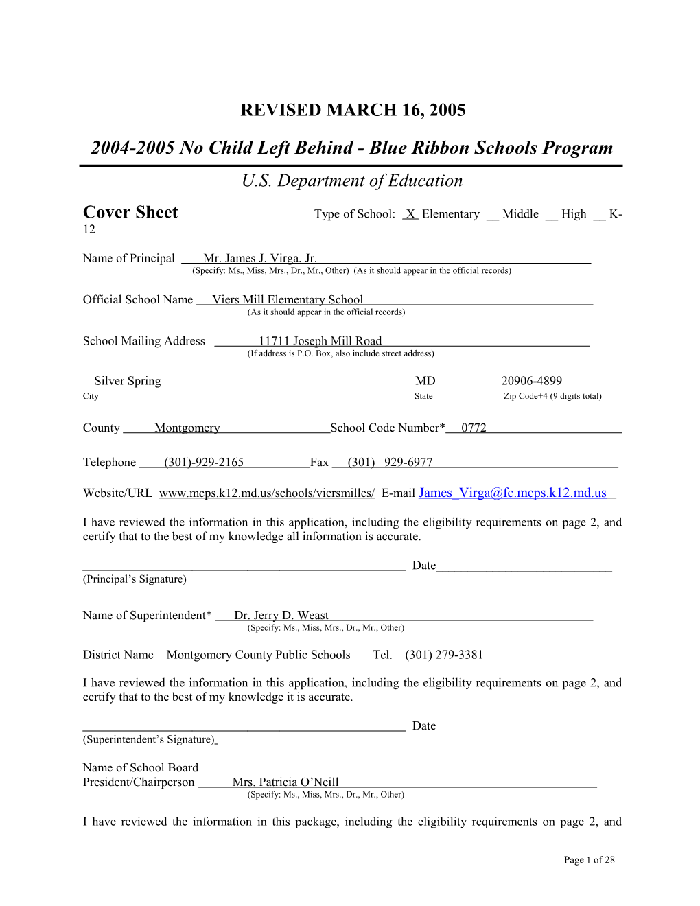 Viers Mill Elementary School Application: 2004-2005, No Child Left Behind - Blue Ribbon