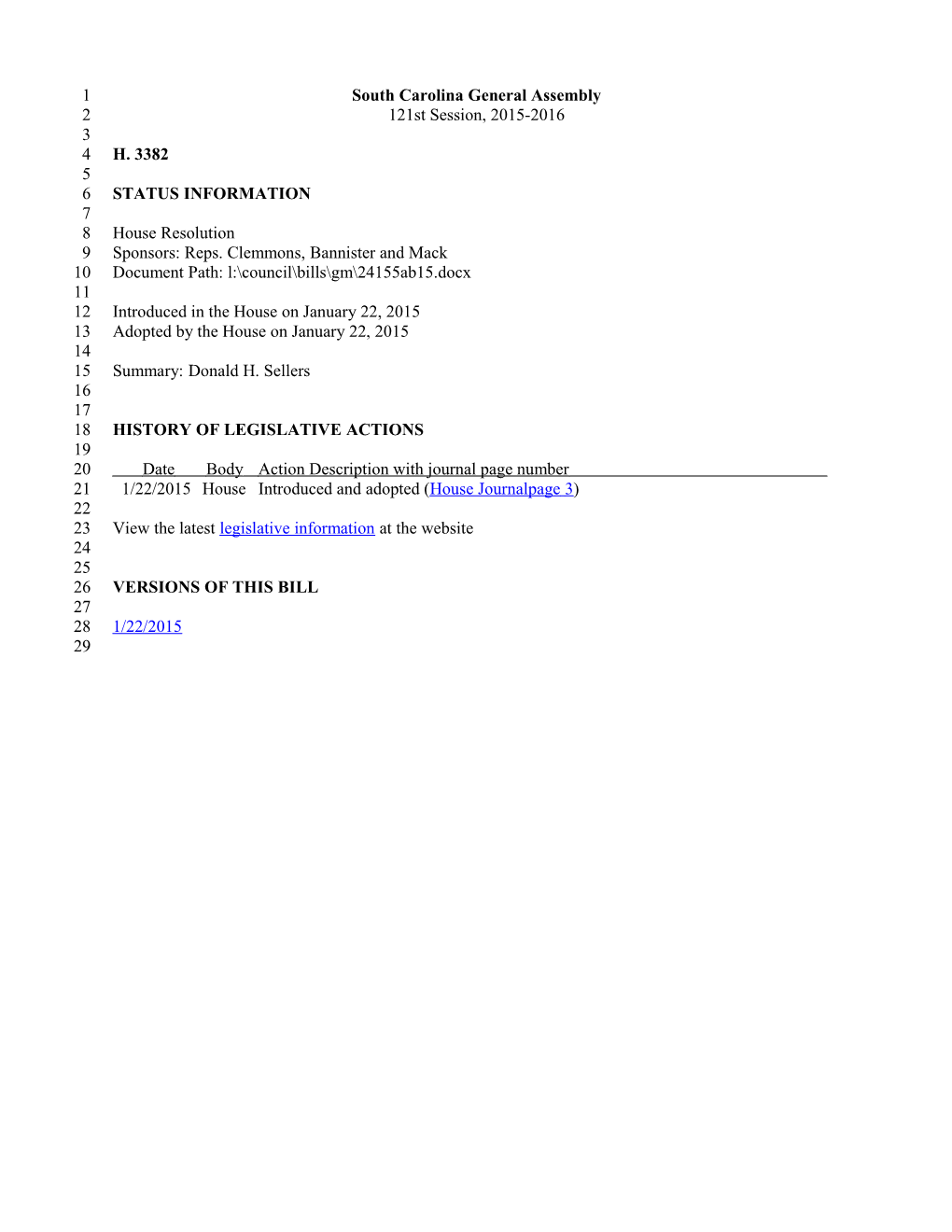 2015-2016 Bill 3382: Donald H. Sellers - South Carolina Legislature Online