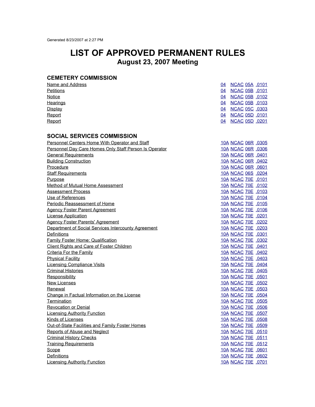 List of Approved Permanent Rules