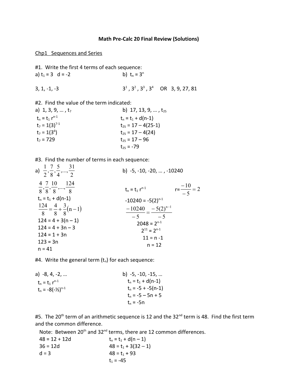Math Pre-Calc 20 Final Review (Solutions)