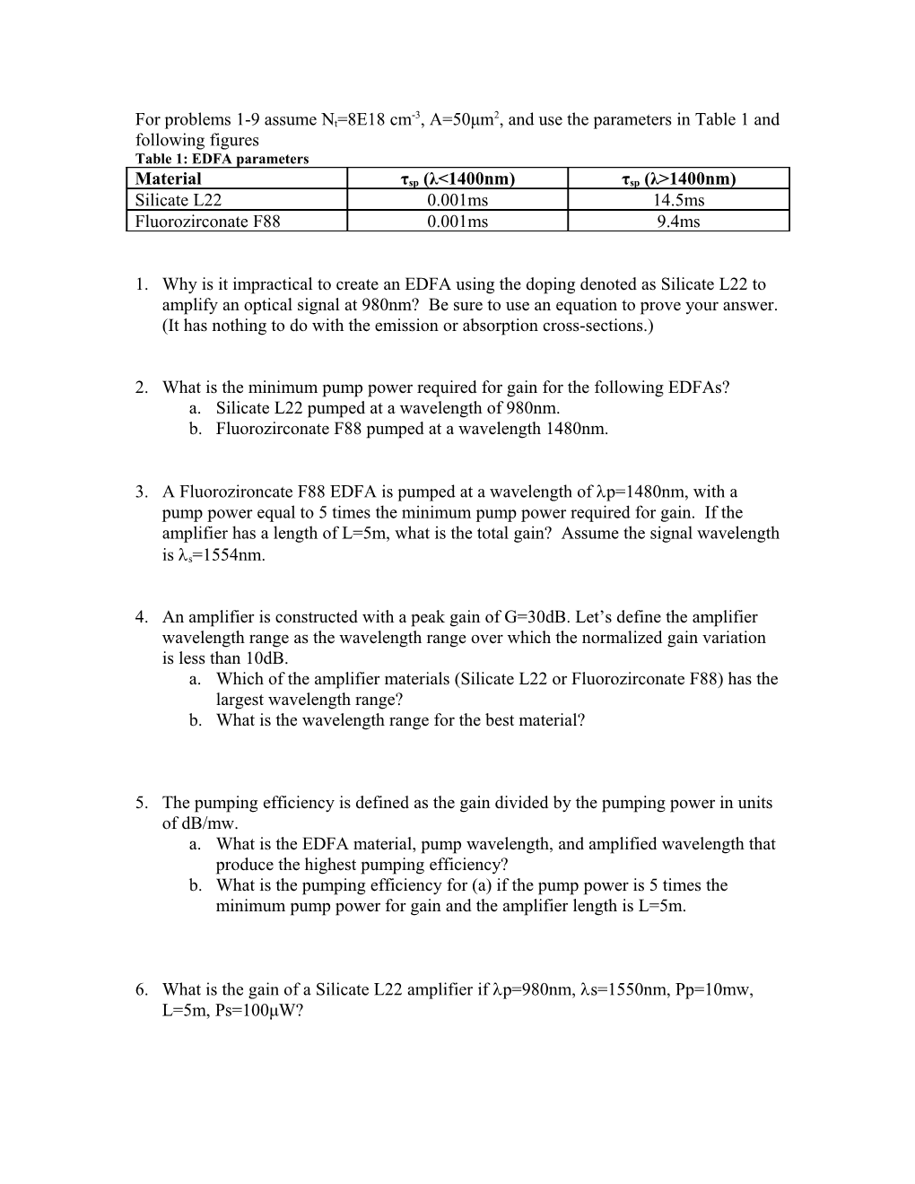 For Problems 1-9 Assume Nt=8E18 Cm-3, A=50Μm2, and Use the Parameters in Table 1 and Following