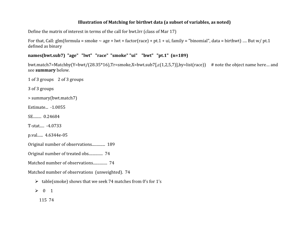 Illustration of Matching for Birthwt Data (A Subset of Variables, As Noted)