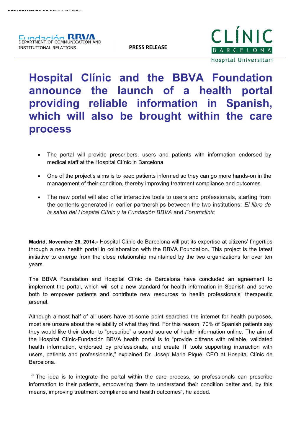 Hospital Clínic and the BBVA Foundationannounce the Launch of a Health Portalproviding