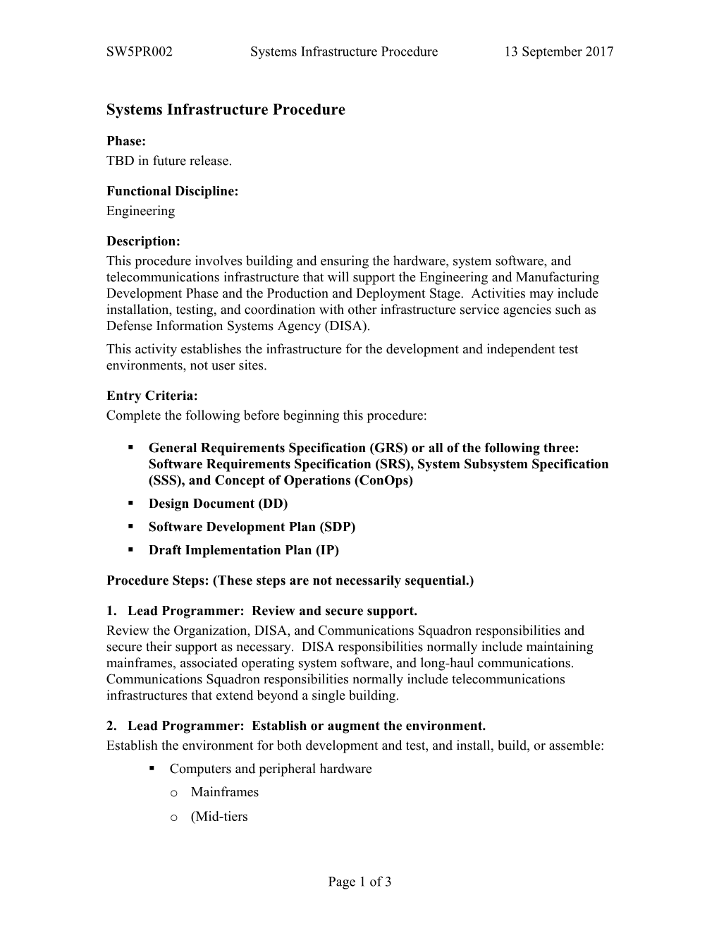 SW5PR002 Systems Infrastructure Procedure 13 September 2017