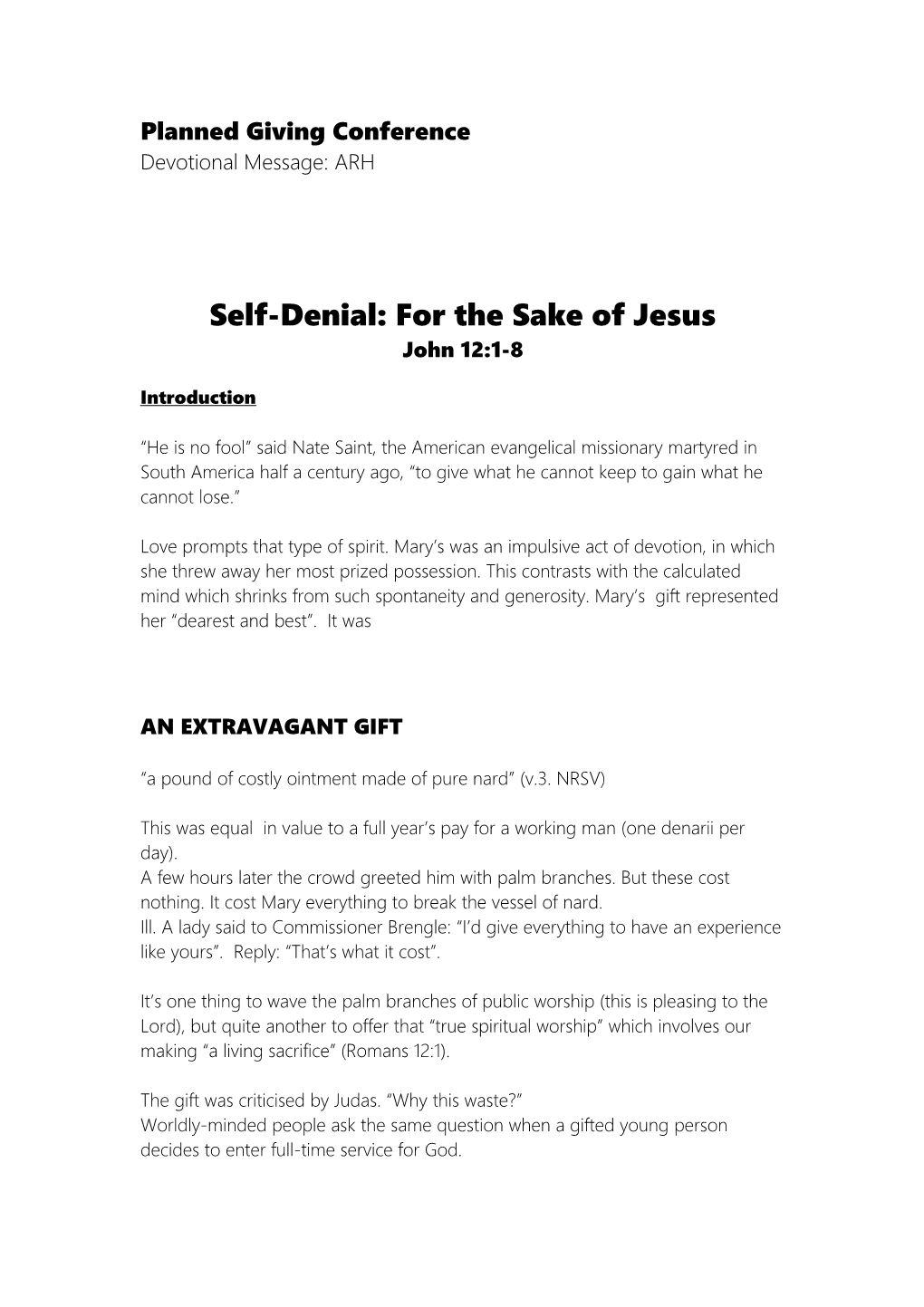 Lenten/Self Denial Sermon, 2