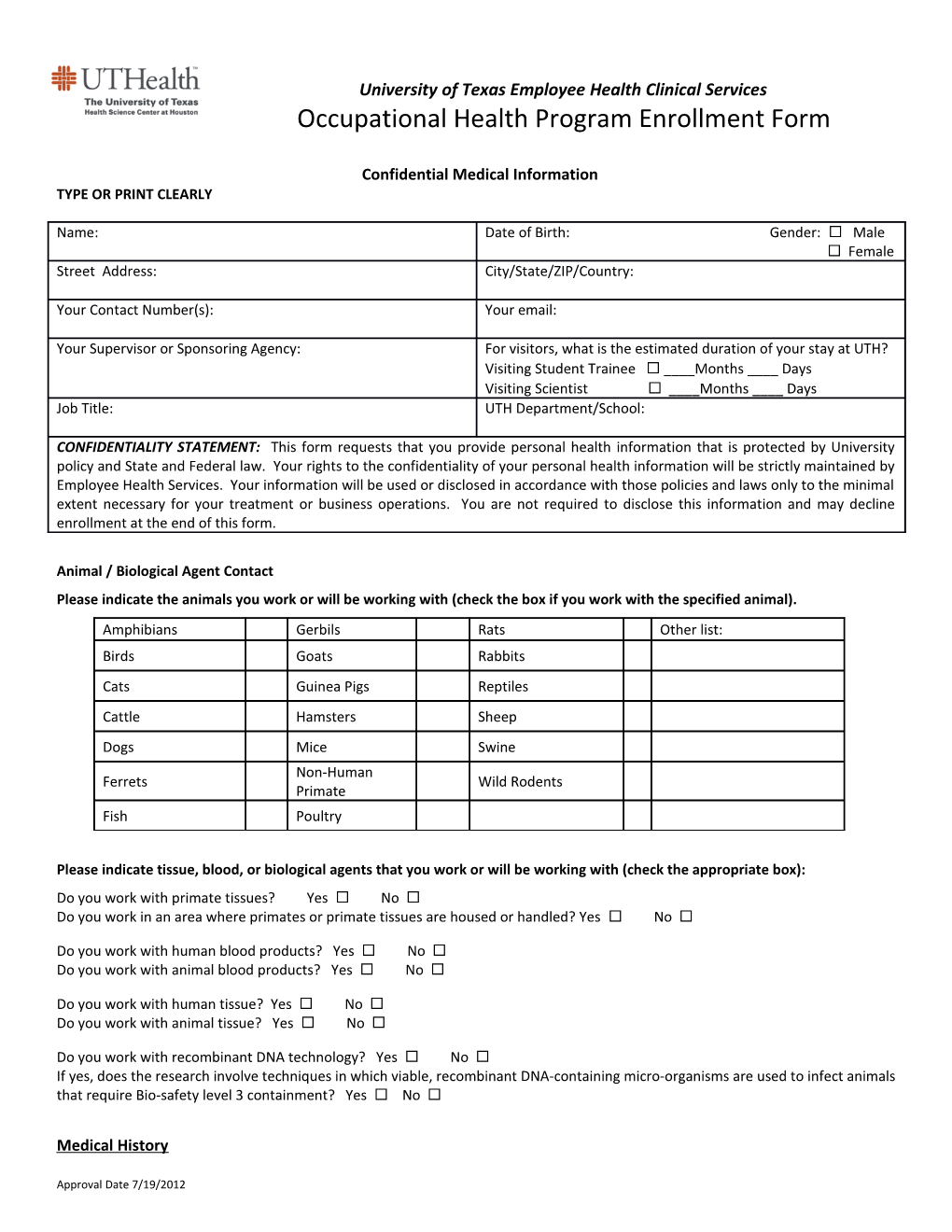 Occupational Health Program Enrollment Form