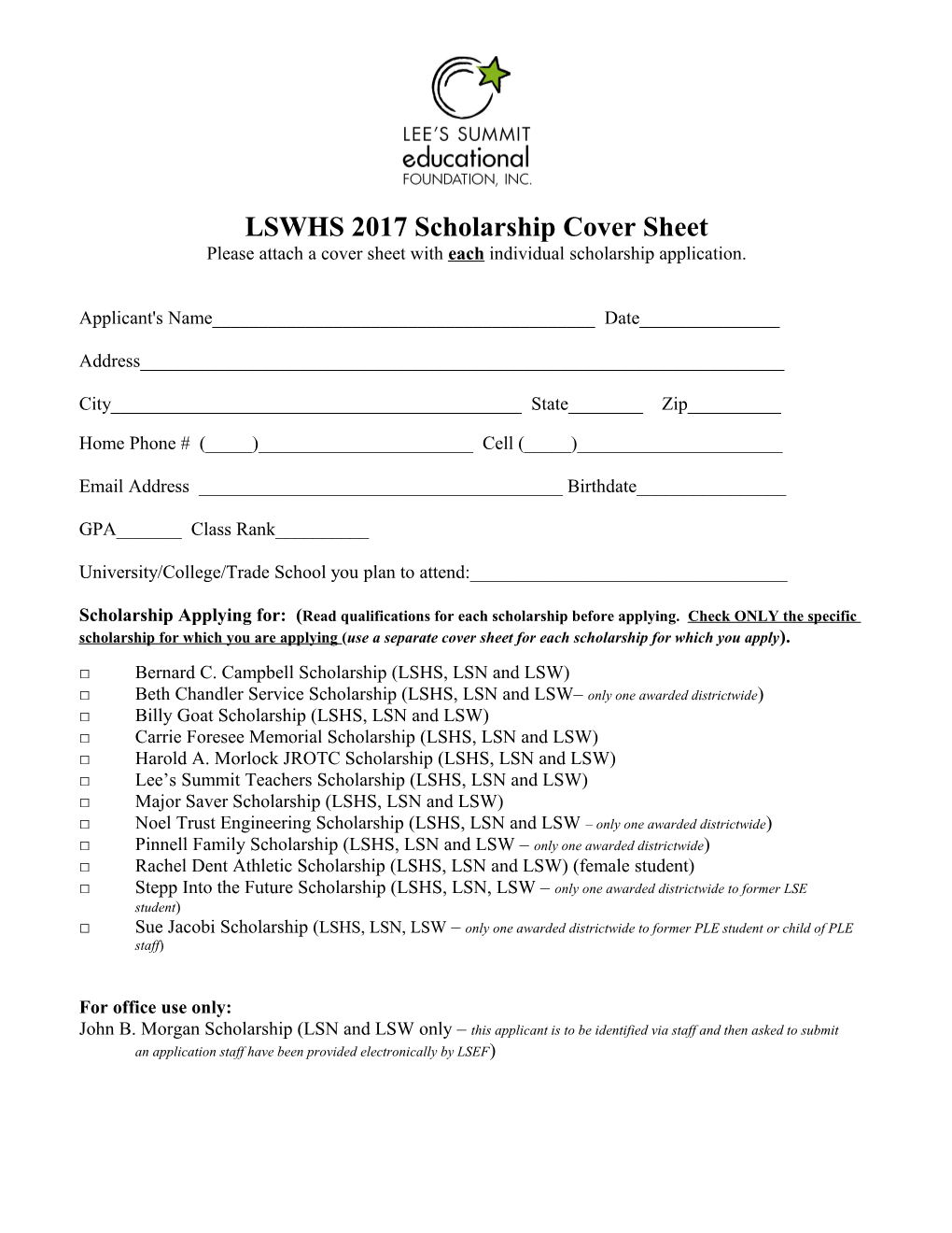 LSWHS 2017 Scholarship Cover Sheet s1