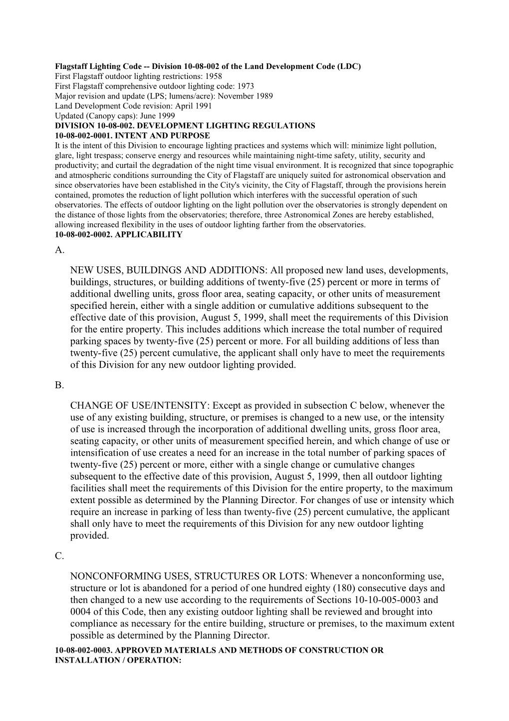 Flagstaff Lighting Code Division 10-08-002 of the Land Development Code (LDC)