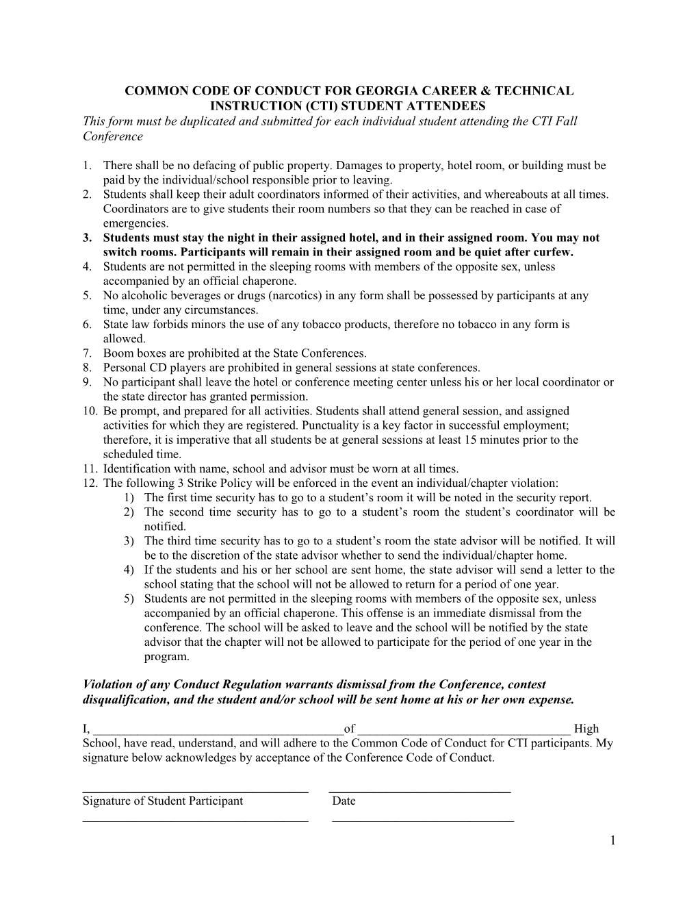 Common Code of Conduct for Georgia Career & Technical Instruction (Cti) Student Attendees